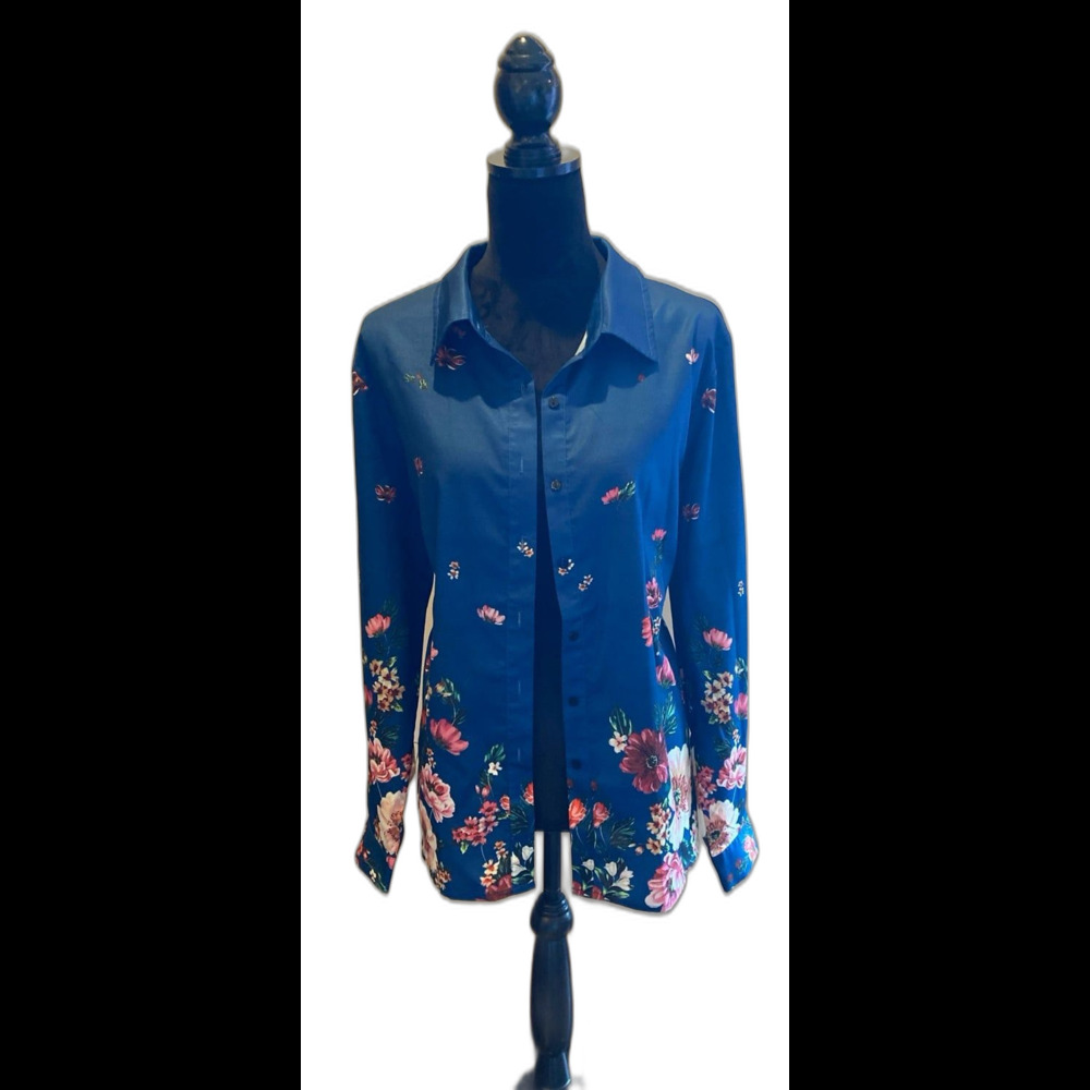 Blue Blouse Size XL‎ w/ Flowers Button Down Boho Top Long Sleeve Cottagecore